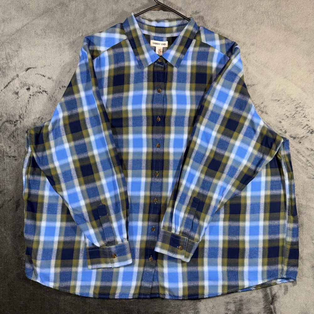 Lands End Womens 3X Blue Green Plaid Flannel Button Down Shirt 519652 Cotton